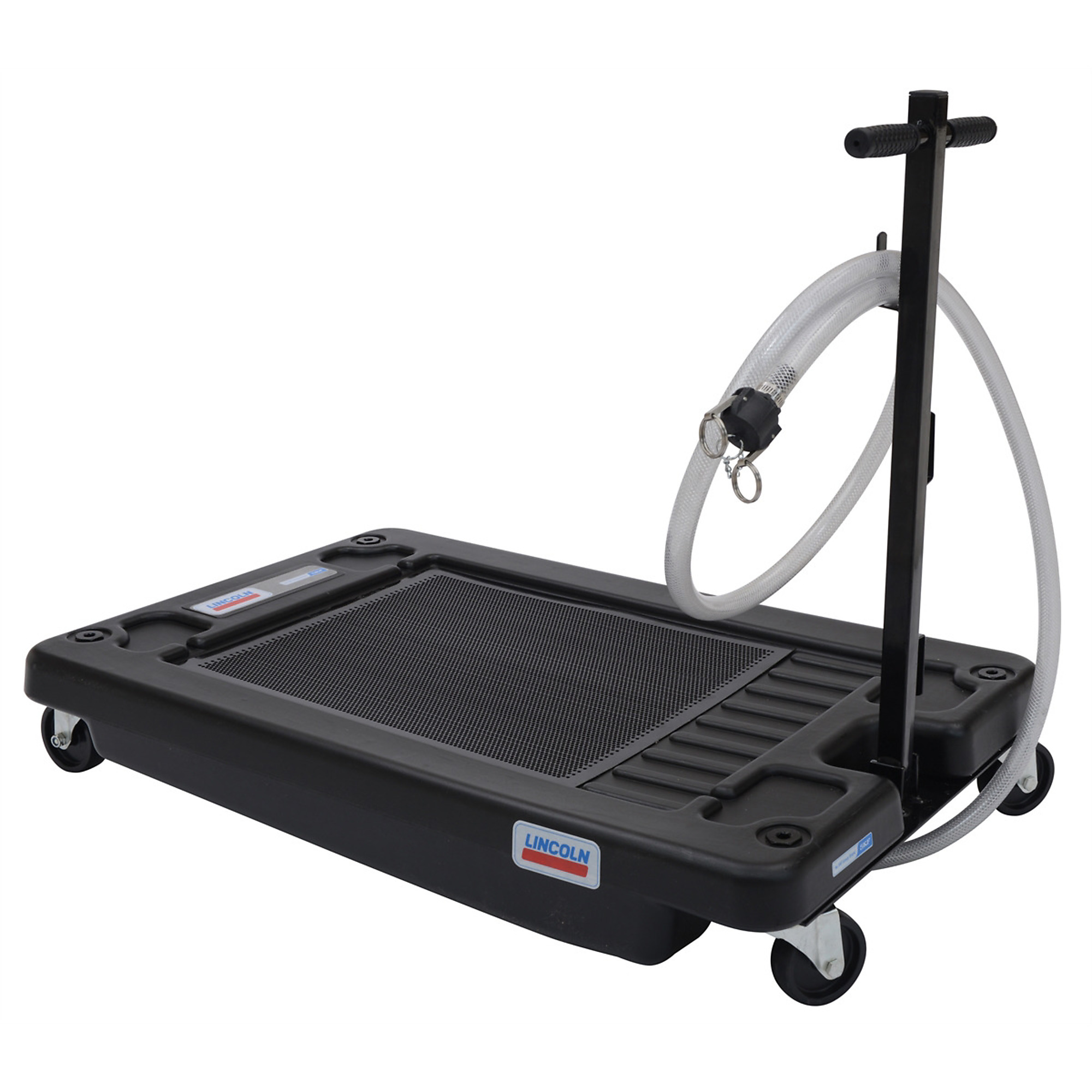 Lincoln Low Profile Truck Fluid Drain — 17-Gallon Capacity, 44in. x 28in. x 7.75in., 6ft. Discharge Hose with 3/4in. Male Camlock Connector, High-Impact Polypropylene, Removable Metal Filter Screen, Black, Model# LIN3665